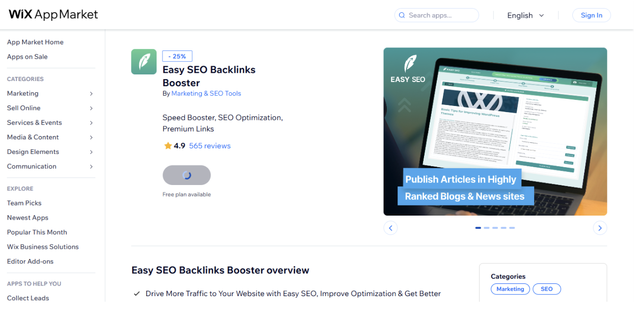  Easy SEO Backlinks Booster on Wix App Market